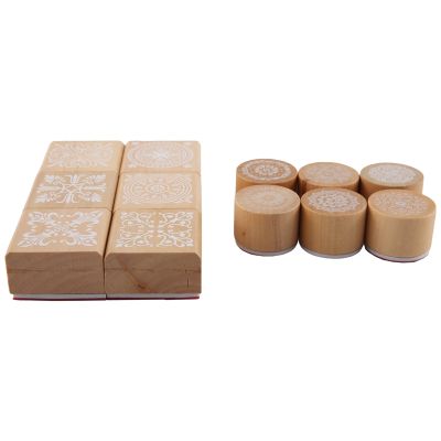 12Pcs Wooden Stamps Floral Pattern Circles and Squares Decorative Rubber Wooden for DIY Craft Card and Scrapbooking