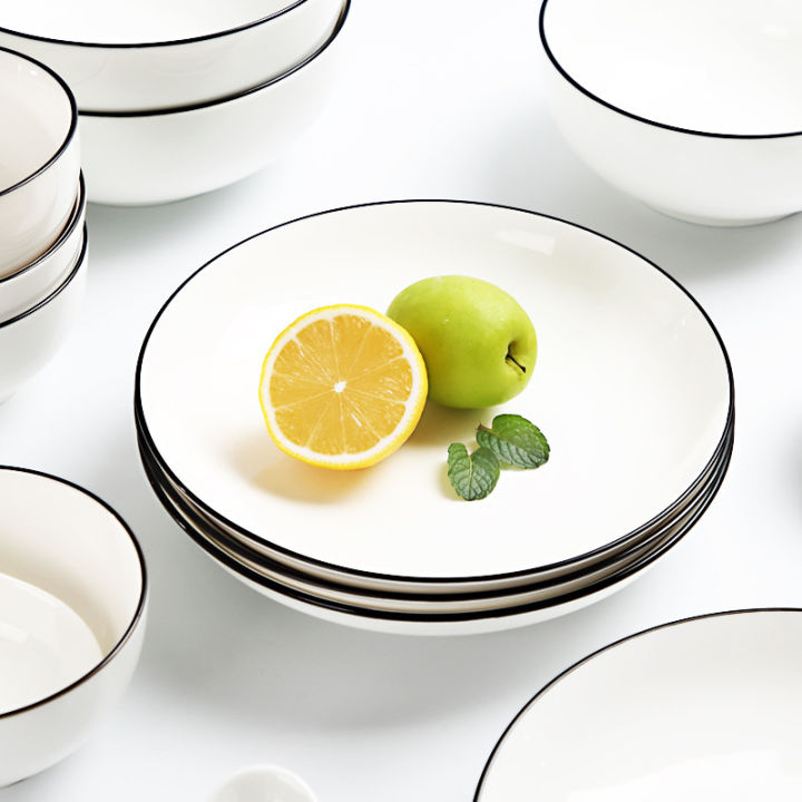 ชุดจานชามเซรามิกลายเส้นสีดำแบบนอร์ดิกชามเรียบง่ายและจานชามข้าวของใช้ในครัวเรือน-จาน-เครื่องใช้โต๊ะอาหารเซรามิค-การทำของขวัญ-nmckdl