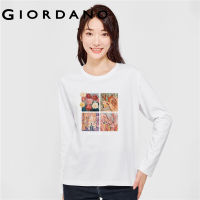 GIORDANO Women Geto2.Net Series T-Shirts Colorful Painting Print Cotton Tee Crewneck Long Sleeve Fashion Casual Tops 99393233