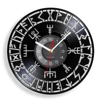 Hot sell Nordic Mythology Vegvisir Runes Symbol Vinyl Record Wall Clock For Bedroom Viking Home Decor Watch Nordic Art Enthusiast Gift