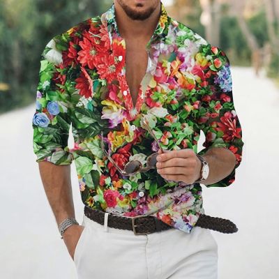 เสื้อผู้ชายแฟชั่นแขนยาวลายดอกไม้ต้นเสื้อฮาวายเสื้อชายหาดคิวบาเสื้อผ้าผู้ชายเสื้อกระดุมแถวเดียว