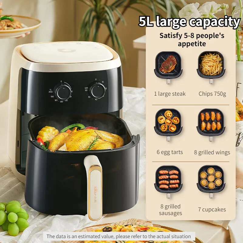 Bear】Air Fryer Oven 5L ，Non-stick Basket，6.5 inch visual  window，Dishwasher-Safe，Knob operation, adjustable temperature and timing，No  manual flipping required，8 major menus