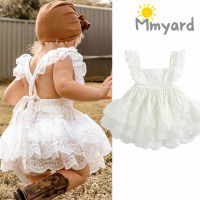 [Mmyard] ชุด Tulle ลูกไม้เด็กทารกคอสี่เหลี่ยมสีกระชับสำหรับทารกหญิงแขนบินหนึ่งชิ้น