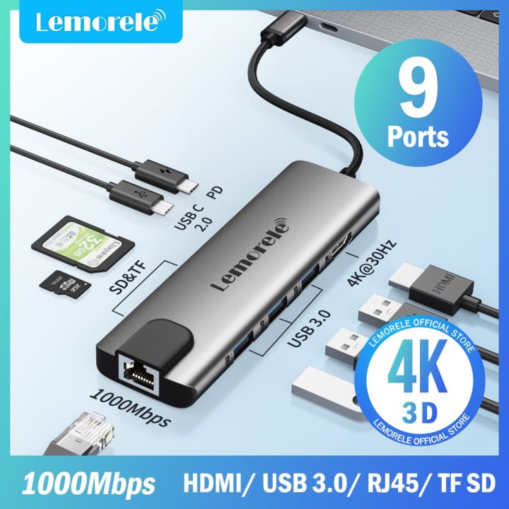 lemorele-ยูเอสบีฮับยูเอสบี3-0เป็น-hdmi-4k30hz-ชนิด-c-แท่นวางมือถือ-usb-c-ฮับต่อพ่วง-gigabit-ethernet-สำหรับ-xiaomi-lenovo-macbook-pro-feona