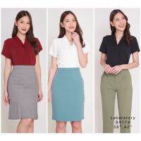 COD *สีขาวพร้อมส่งค่ะ* Laboratory  เสื้อ8417# คอปกวีแขนสั้นสีพื้น เสื้อทำงาน ไซส์ 36”,38”,42”