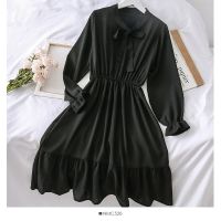 Casual Ribbon for Women High Waist A-Line High Waist Model Dress Long Sleeve Solid Dress