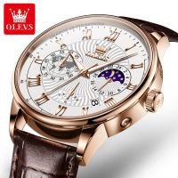 OLEVS 2893 Waterproof Casual Men Wristwatches Quartz Genuine Leather Band Watch For Men Chronograph Calendar Small Second hand