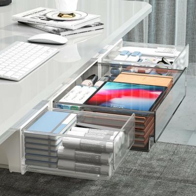 （A SHACK）♗☁ Storage Box Under the Desk Drawer Table Kitchen Office Bottom Paste Adhesive Tape Hidden Transparent