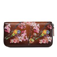 ZZOOI Elegant genuine leather floral long wallet women men clutch purse real leather money bag unisex wrist wallets purses for phone