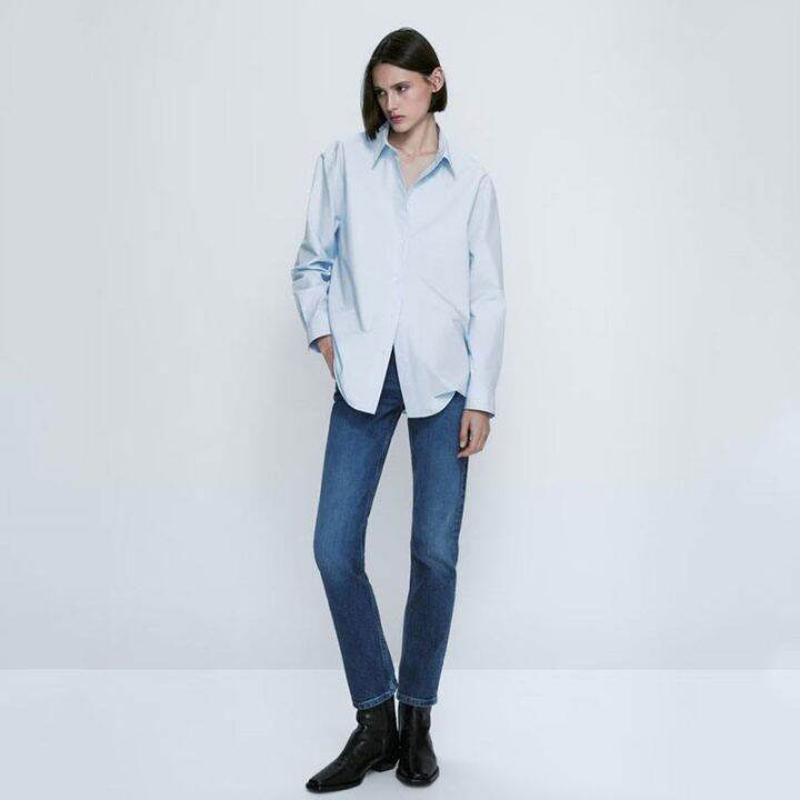 2023ฤดูใบไม้ผลิของสุภาพสตรี-massimo-dutti-แขนยาวเรนเดียส์แบบหลวมเสื้อสีฟ้าคลาสสิก