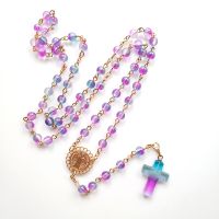 【CW】﹍  Cottvott Religious St Benedict Medal Dreaming Color Glass Bead Chain Rosary Necklace Prayer Church Baptism Jewelry