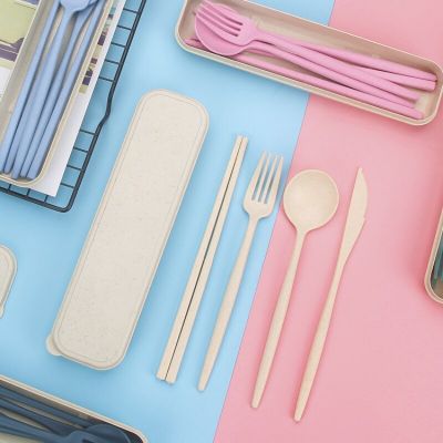4PCS/Set Cutlery Tableware Spoon Fork Chopsticks Safe Wheat Straw Dinnerware With Box Travel Use Portable Kitchen Accessories Flatware Sets
