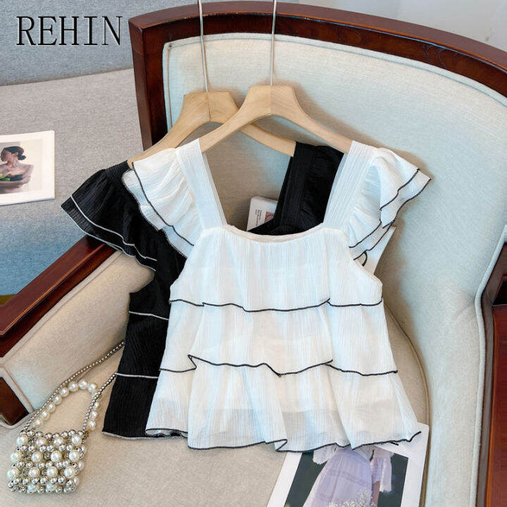 rehin-เสื้อเบลาส์แขนสั้นผู้หญิง-เสื้อการออกแบบที่ไม่เหมือนใครสไตล์ฝรั่งเศสปกหลายชั้นแต่งระบายชิคแขนสั้นฤดูร้อน