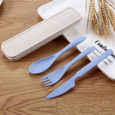 3pcsset of Wheat Straw Environmentally Friendly Cutlery Travel Portable Spoon Fork Knife Men and Women Cutlery Set Kitchen Tools Flatware Sets