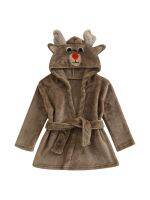 [Xiaoli clothing] ชุดเดรสคริสต์มาสสำหรับเด็ก Cartoon Elk Fox Dot Flannel Hooded Bath Robe Pajamas With Belt