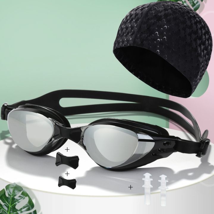 men-electroplate-anti-fog-uv-silicone-goggles-eyewear-glasses-fabric-swim-caps-hat-earplugs