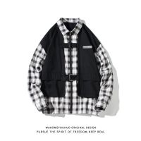 Trendy brand plaid fake two-piece stitching lapel jacket mens retro street loose all-match trendy jacket 【BYUE】