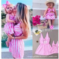 【YF】 New Baby Fashion Mother And Daughter Dress Pink Vertical Striped Print Bow Hollow Shoulder Strap Parent-child Kids