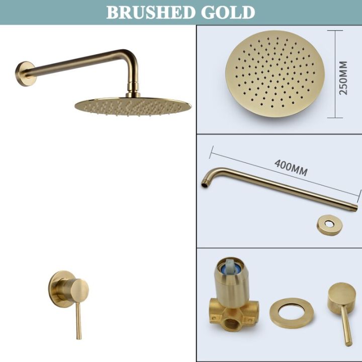 brushed-gold-black-chrome-polish-10-round-rainfall-shower-bathroom-ultrathin-rain-shower-head-and-wall-shower-arm-shower-faucet-by-hs2023