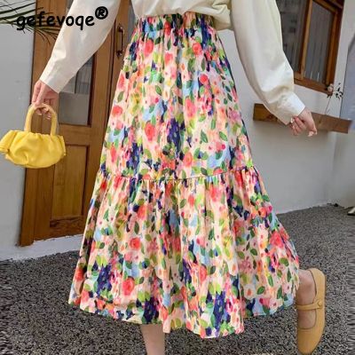 【CC】☂✒  Floral Print Pleated Streetwear Skirts Female Elastic Waist A-line Skirt Faldas