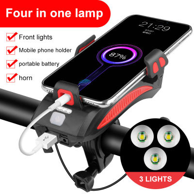 Multi-Function 4 in 1 Bicycle Light Flashlight Bike Horn Alarm Bell Phone Holder Bike Accessories Cycling Front Light