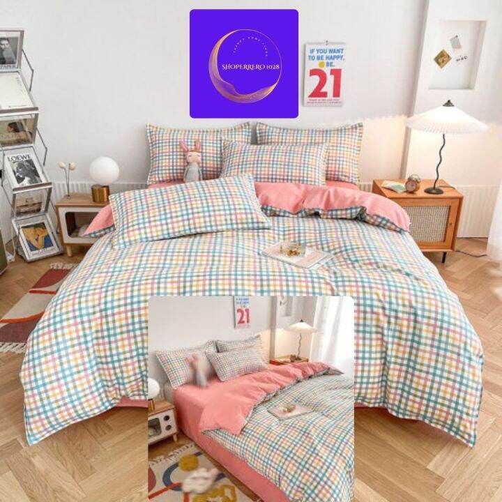Shoperrero1028 4 in 1 BEDSHEET SET PINK GRID Bed Sheets Macaron