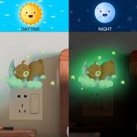 ZZOOI Luminous Cartoon Bear Sleep On The Moon Wall Stickers Glow In The Dark Stars Wall Decals For Baby Room Light Switch Home Decor