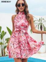 【CW】∈  Floral Print Ruffle Bandage Beach Sundress Pink Halter A-line Short Dresses 2023