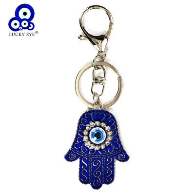 Lucky Eye Hamsa พวงกุญแจมือสีน้ำเงินสีขาวพวงกุญแจดวงตาปีศาจสีฟ้าพร้อมจี้หยดน้ำมันล็อบสเตอร์สำหรับผู้ชายและผู้หญิง EY157