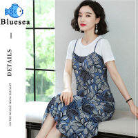 Women Dress Flower Printed Crew-neck Short-sleeved Loose Comfortable Fake Two-piece Skirt