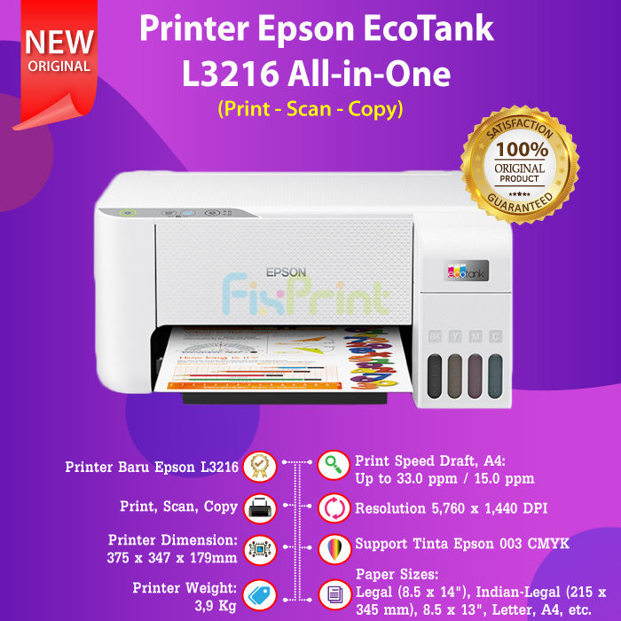 Printer Epson Ecotank L3216 A4 All In One Ink Tank Printer Print Scan Copy Pengganti L3210 L3110 9760