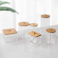 Acrylic Makeup Organizer Cotton Swabs Qtip Container with Bamboo Lid Cosmetic Makeup Cotton Pad Organizer Jewelry Storage Box