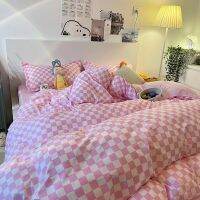 Nordic Pink Checkerboard Duvet Cover Sets With Pillowcases Flat Sheet Kids Girls Boys Full Queen Twin Size Kawaii Bedding Kit