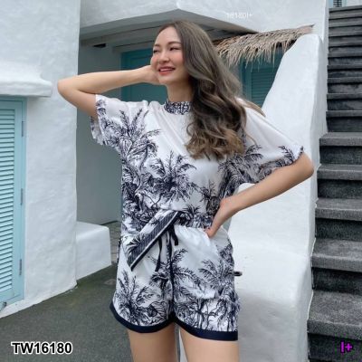 TW16180 Set 2 ชิ้น เสื้อคอเต่าติดกระดุมหลัง กางเกงเอวยางยืดรอบเอว