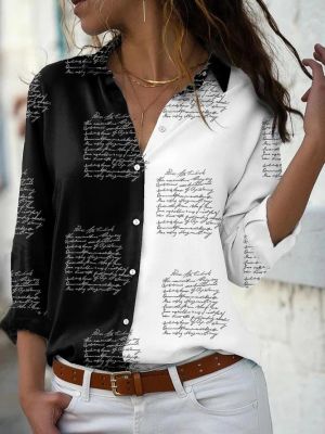 เสื้อเสื้อเชิ้ตสตรีแขนยาวผู้หญิงพิมพ์ลายปะต่อขาวดำแฟชั่น2ชิ้นเสื้อลำลองมีปกกระดุม2023ฤดูใบไม้ผลิ