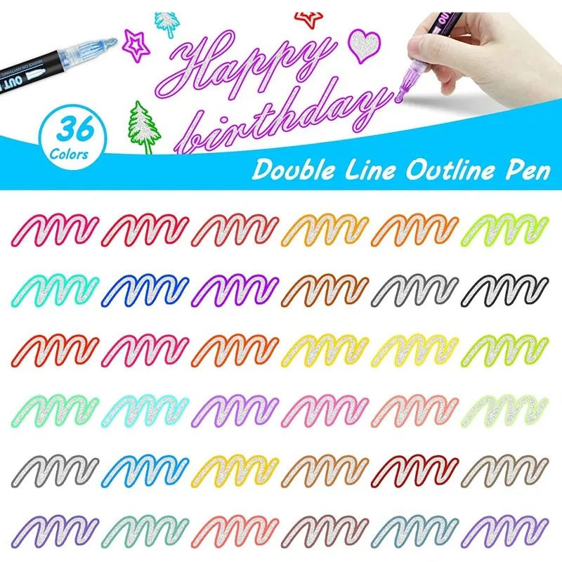 Outline Metallic Markers Set, ZSCM 21 Colors Super Squiggles Double Line Paint Pens Outline Markers, for Drawing Coloring, Greenting Card Writing, Art