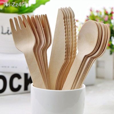 ๑☍ 12/16pcs Birthday Party Disposable Wooden Knife Fork Spoon Set Environmentally Friendly Biodegradable Wooden Tableware