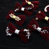 Bow tie mens velvet wine red flat head plain color with drill double layer design personality fashion groom wedding Boys Clothing