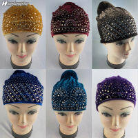 แฟชั่นผู้หญิงมุสลิมกำมะหยี่ผ้าโพกหัวหมวก Bonnet rhinestone ดูแลเส้นผมผ้าคลุมศีรษะหัวห่อหมวกสาวอุปกรณ์ผม