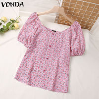 VONDA เสื้อสตรีเอวลอยสั้นคอเหลี่ยมสำหรับผู้หญิงลายดอกไม้เล็กๆมีกระดุมปลอม (ลายดอกไม้เกาหลี) #2