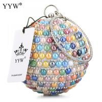 【YD】 Round Glass Beaded Evening Clutch Wedding Multi-Color Clutches Female 2023 Metallic Handbag Rhinestone Shoulder