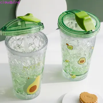 450ml Hot Summer Ice Cup With Avocado Double Plastic Ice Breaker Slide Cover  Straw Cup Net And Red Water Cup