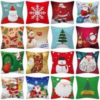 {Yunyun fabric workshop} เบาะคริสต์มาส45X45 Merry Christmas Santa Claus หมอนสีแดงตกแต่งโยนหมอนโพลีเอสเตอร์ White Snowman ปลอกหมอน