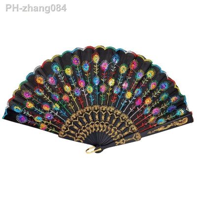 SODIAL(R) Colored Embroidered Flower Pattern Black Cloth Folding Hand Fan for Woman
