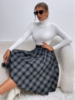 LiTi Plaid Flared Skirt Elegant Womens Midi Skirts Summer Casual High Waist Striped Vestido Female Robe Oversized Faldas Saia