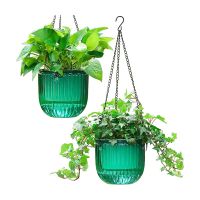 2 Pack Indoor Hanging Flower Pots 6.5 Inch Outdoor Hanging Plant Pot Basket (Emerald)