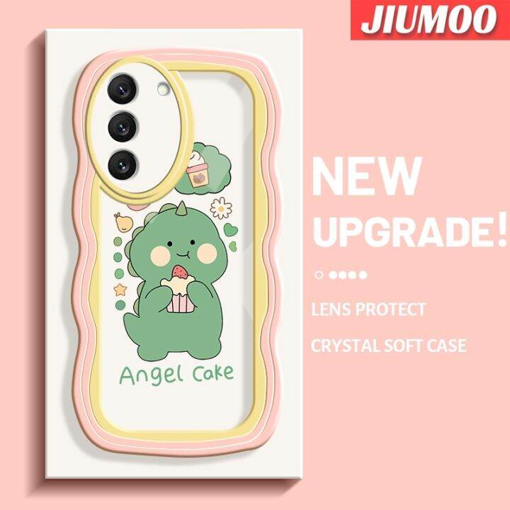 jiumoo-เคสปลอกสำหรับ-samsung-s22บวก-s22พิเศษ5g-ลายการ์ตูนเค้กไดโนเสาร์สุดน่ารักเลนส์กล้องถ่ายรูปขอบครีมแบบลูกคลื่นเคสโทรศัพท์แบบใสแฟชั่นกันกระแทกเคสโปร่งใสซิลิโคนนิ่ม