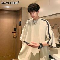 MAYCHEER   เสื้อยืดคอกลมวินเทจของผู้ชายเสื้อแขนสั้นฤดูร้อนแผงเสื้อสามส่วนทรงหลวมเสื้อลำลองแขนสั้น