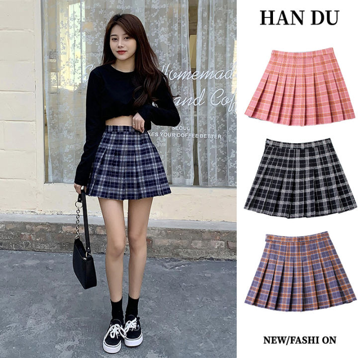 High Waist Plaid Pleated Skirt Fashion Korean Skirt Mini A-line Skirt ...