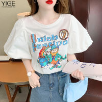 YIGE เสื้อยืดแขนพองพิมพ์ลายการ์ตูนสีขาว,ใหม่สำหรับผู้หญิงสำหรับฤดูร้อนปี2022